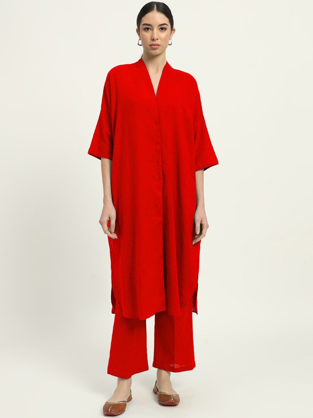 

Thevasa Serene Sojourn V-Neck Pure Cotton Tunic With Trouser, Red