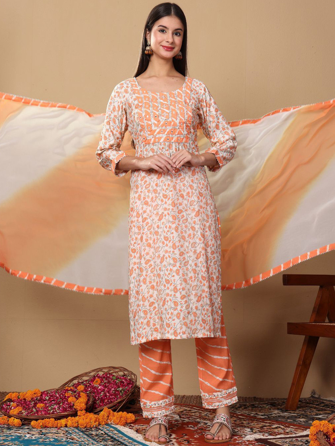 

Lative Colours of Fashion Floral Printed Mirror Work Straight Kurta with Trouser & Dupatta, Off white