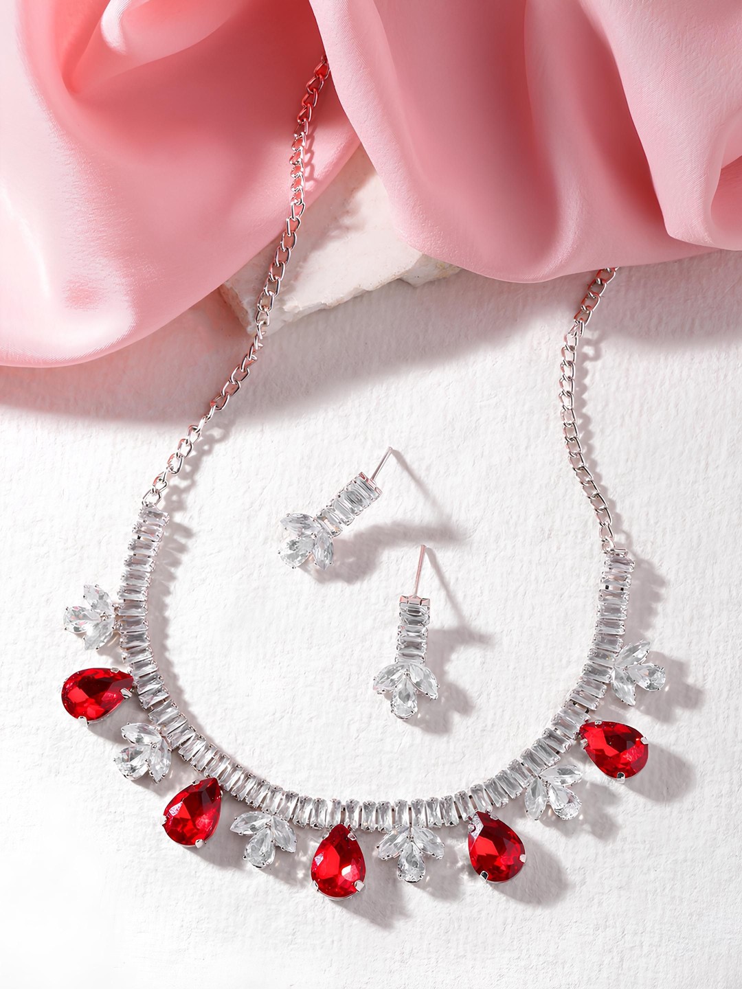 

ORANGENYSHA Rhodium-Plated Crystal And American Diamonds Studded Jewelry Set, Silver