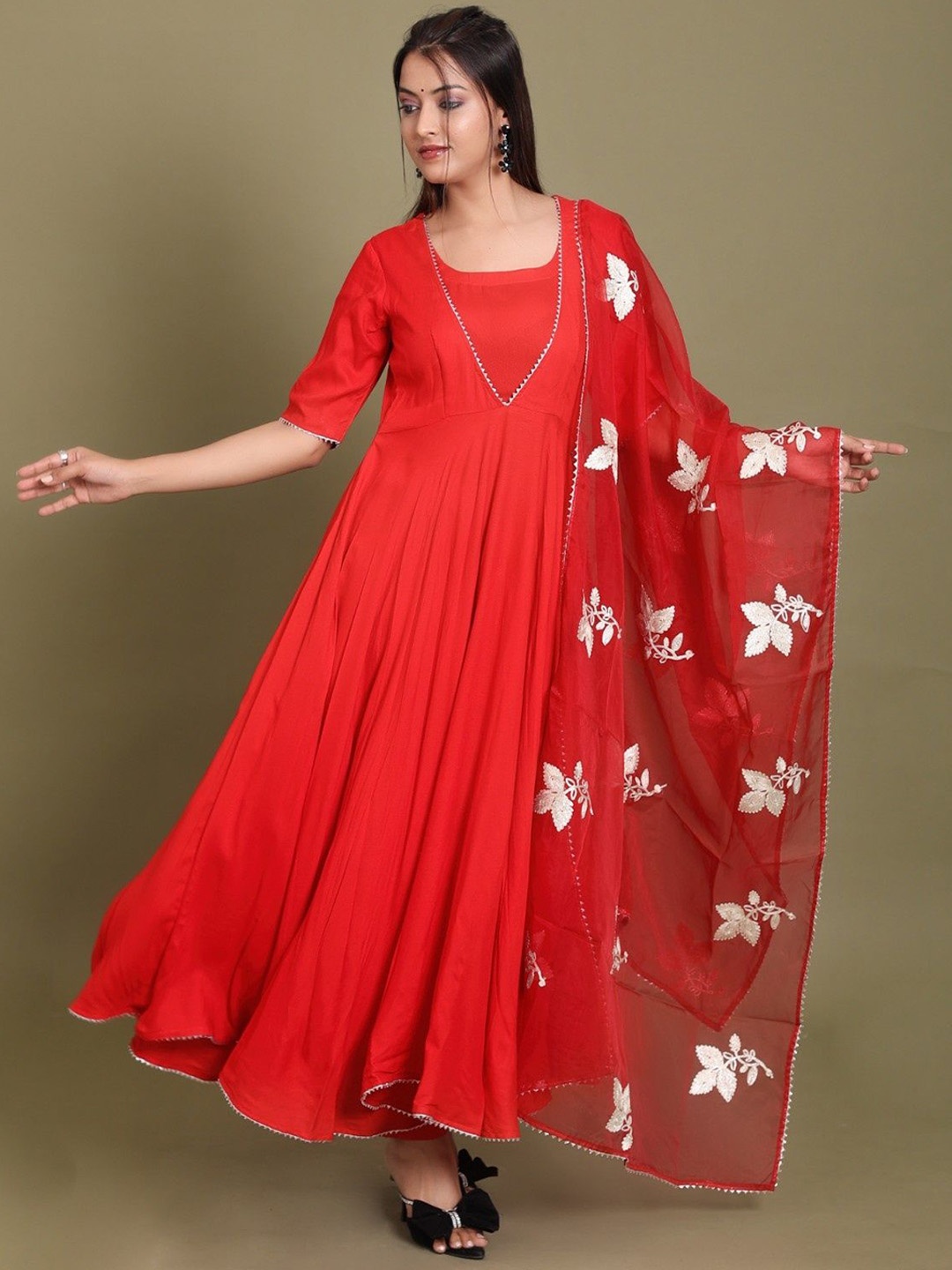 

DRESENCE Gotta Patti Panelled Anarkali Kurta with Trousers & Dupatta, Red
