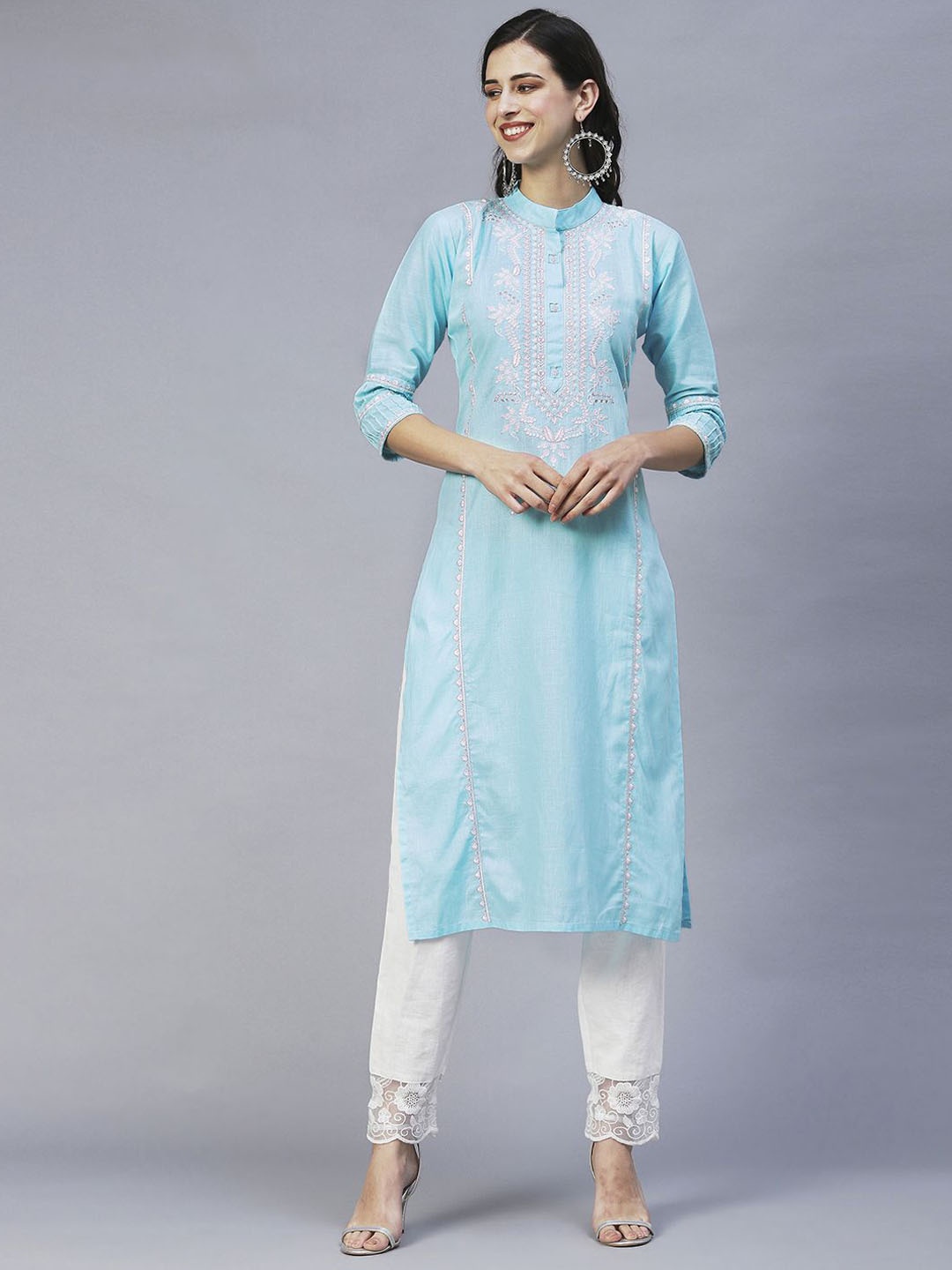 

INDYES Ethnic Motifs Embroidered Mandarin Collar Straight Pure Cotton Kurta, Blue