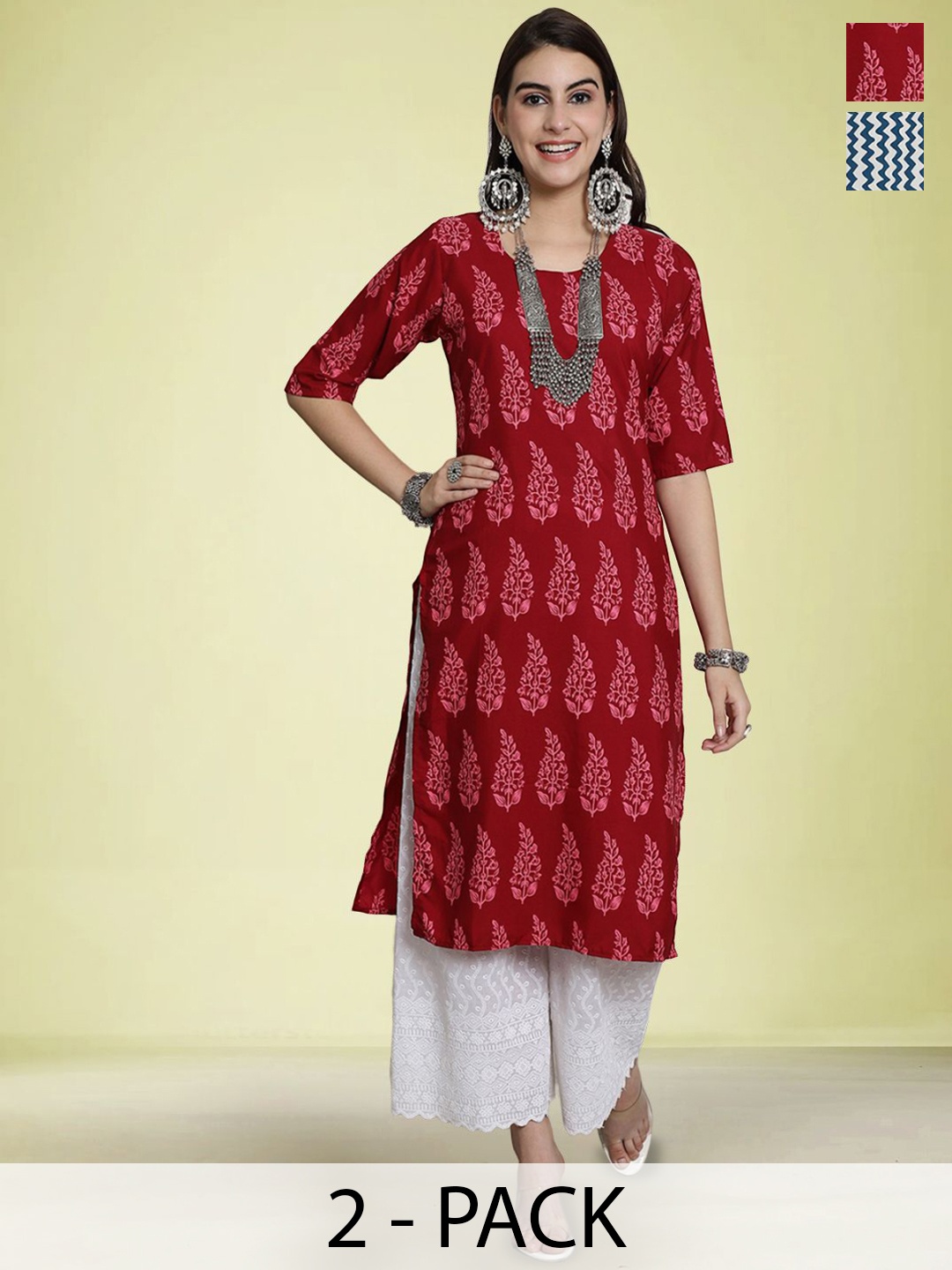 

Moda Rapido Selection Of 2 Ethnic Motifs Printed Round Neck Straight Kurtas, Red
