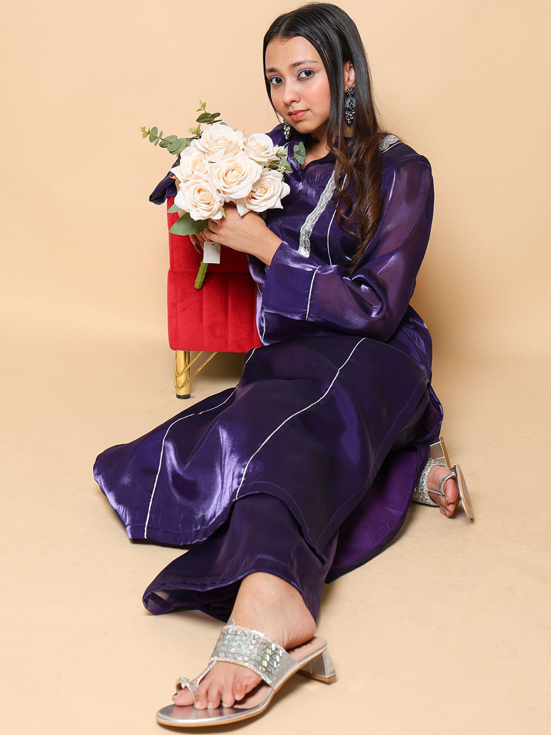 

KELLPAR Yoke Design Gotta Patti Organza Straight Kurta With Trousers, Purple