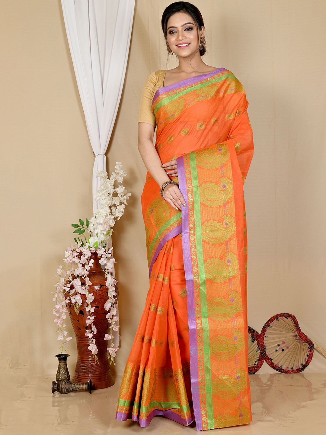 

PuJoy Woven Design Pure Cotton Taant Saree, Orange