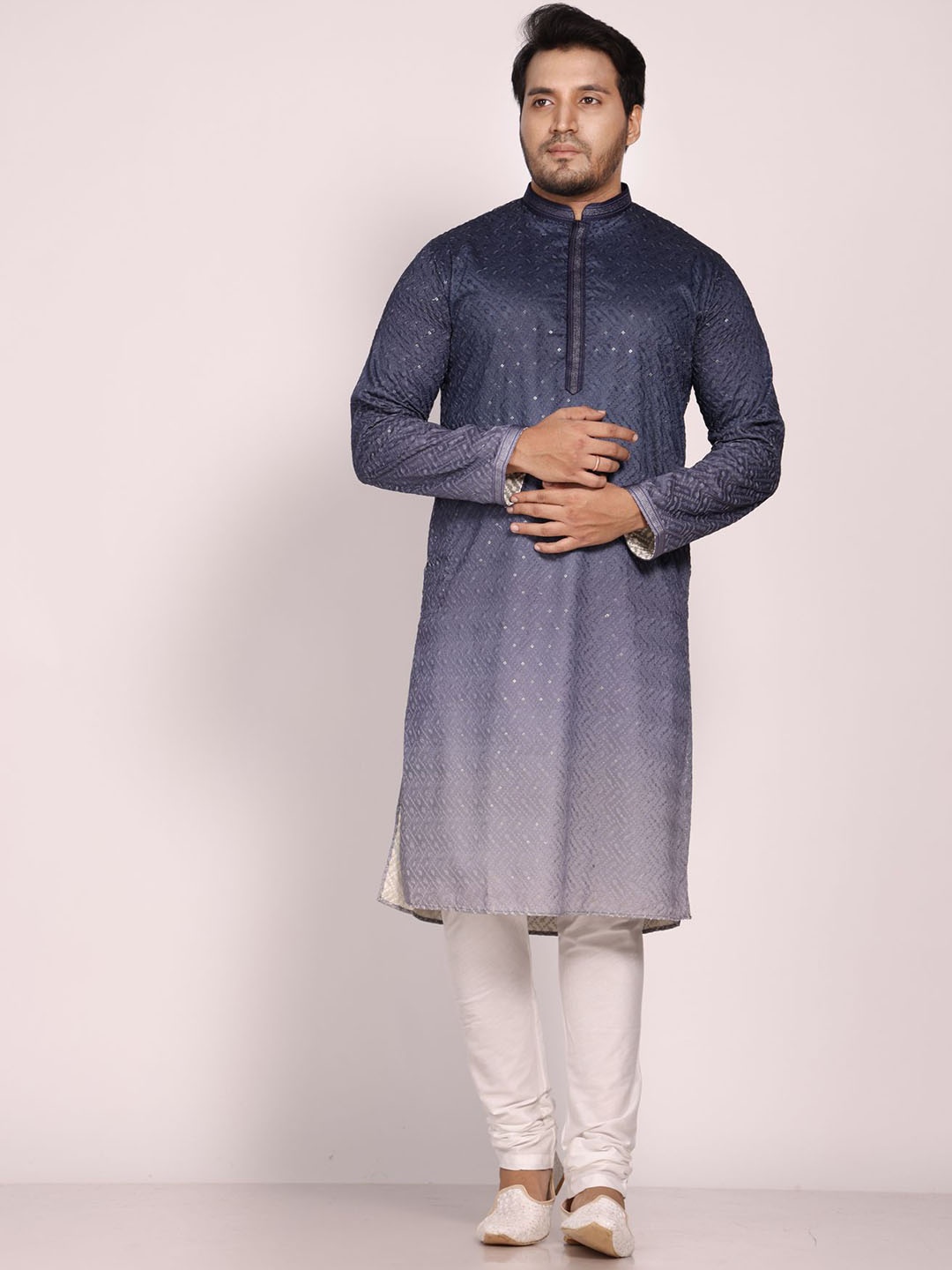 

KHAAS Woven Design Mandarin Collar Sequins Pure Cotton Straight Kurta, Blue
