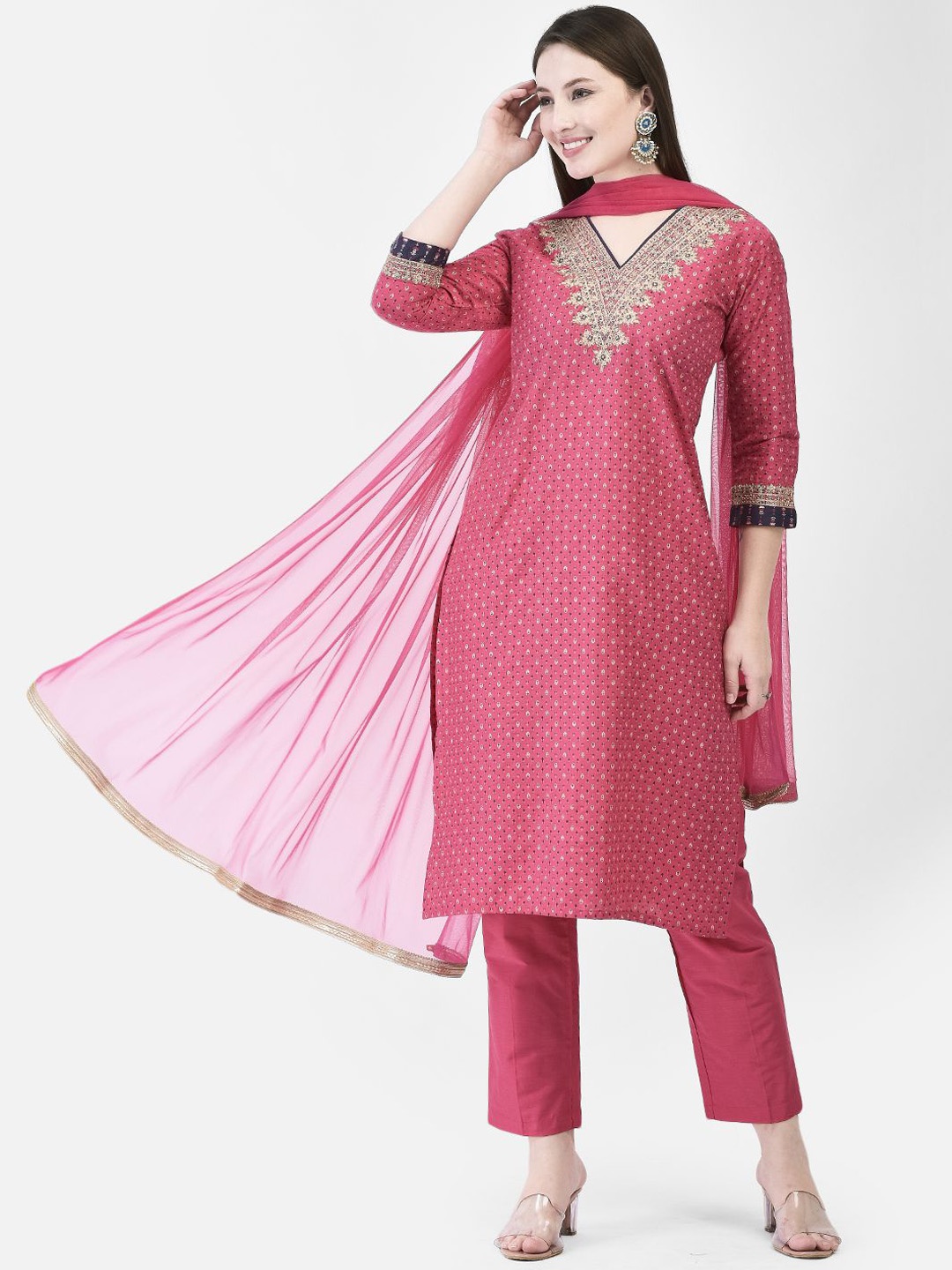 

Span Floral Printed Silk V-Neck Straight Kurta, Pink