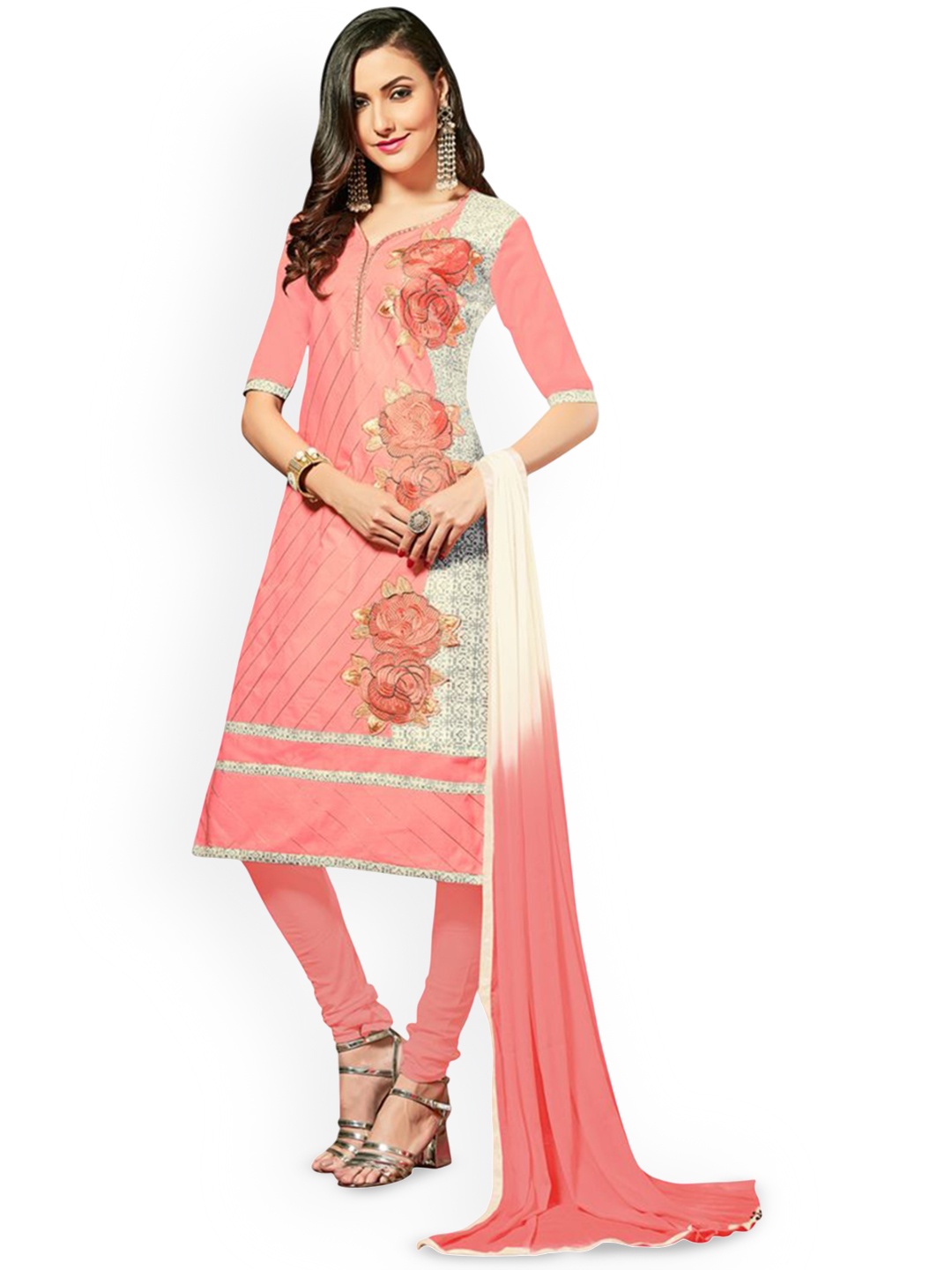 

HERE&NOW Floral Embroidered Embellished Cotton Unstitched Dress Material, Peach