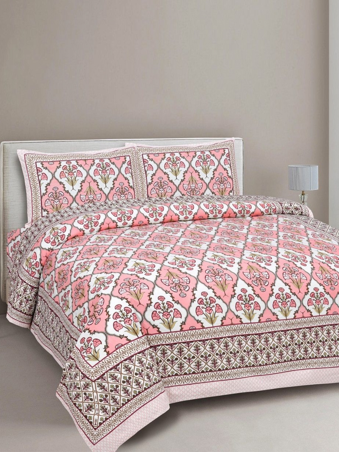 

INDHOME LIFE White & Pink Floral Printed Cotton 220 TC King Bedsheet Set 2.28 m x 2.74 m