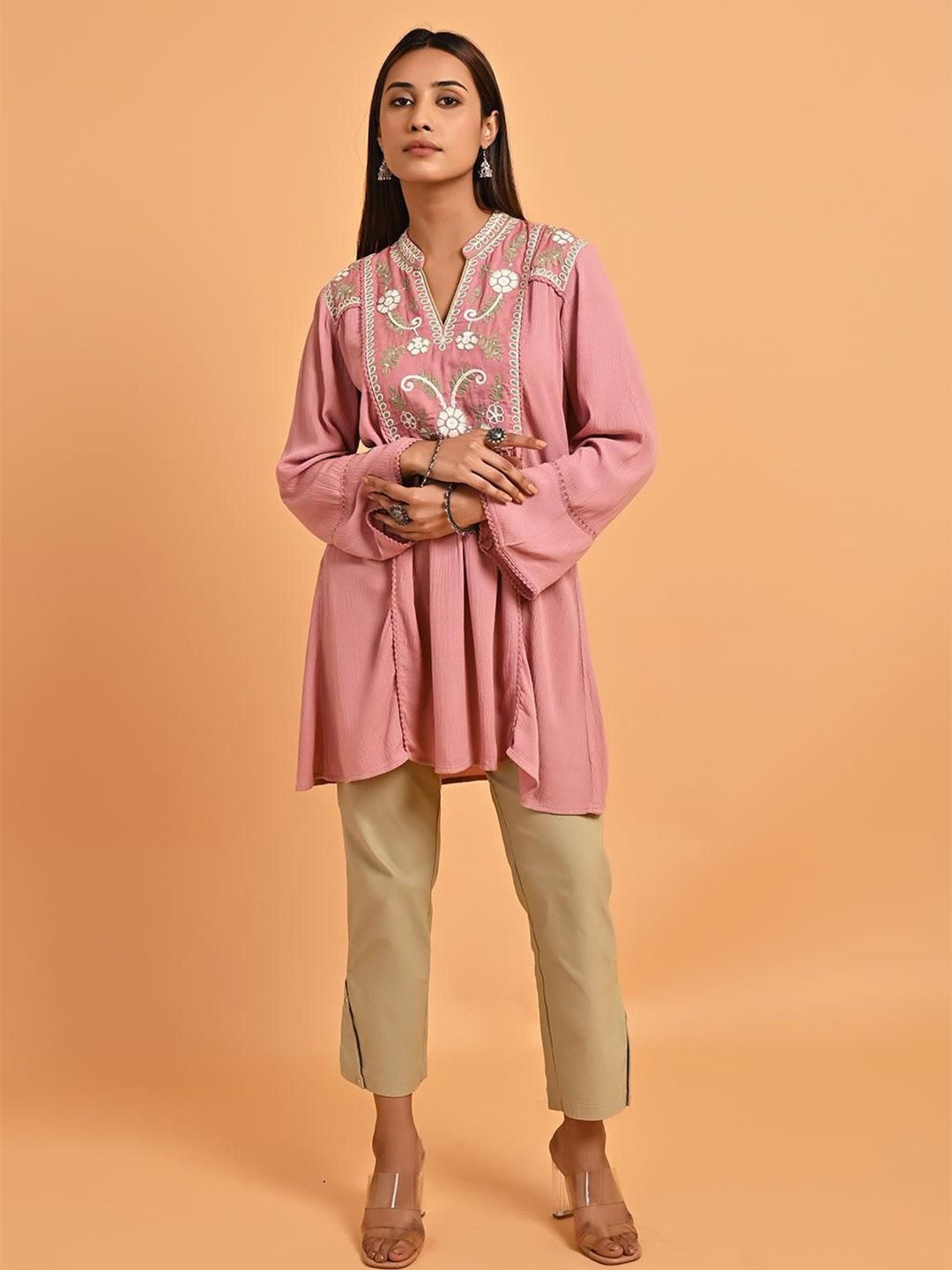 

Lakshita Women Mandarin Collar Embroidered Tunic, Pink
