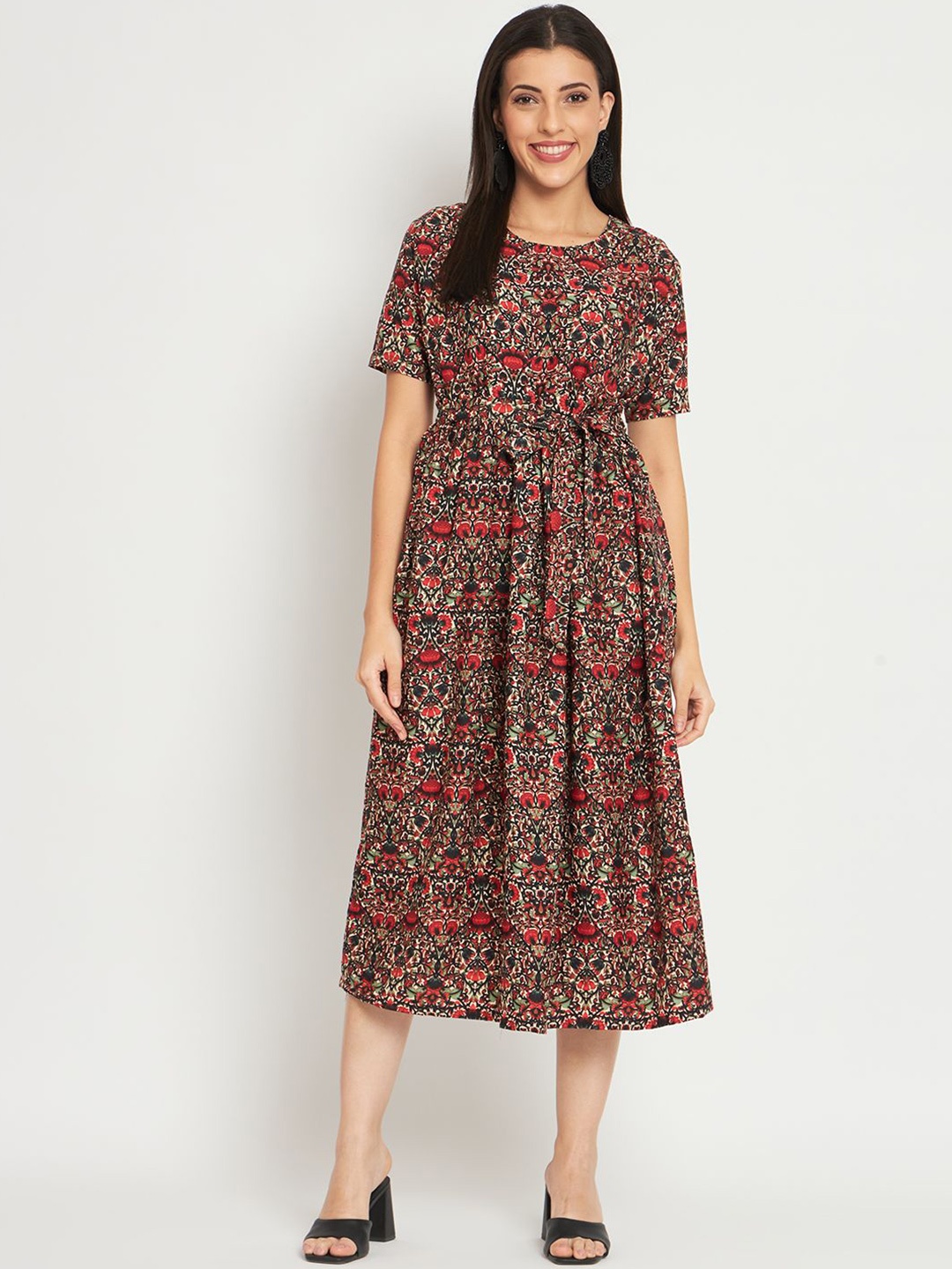 

ANGOORI FASHION Women Floral Printed Midi Fit & Flare Dress, Brown