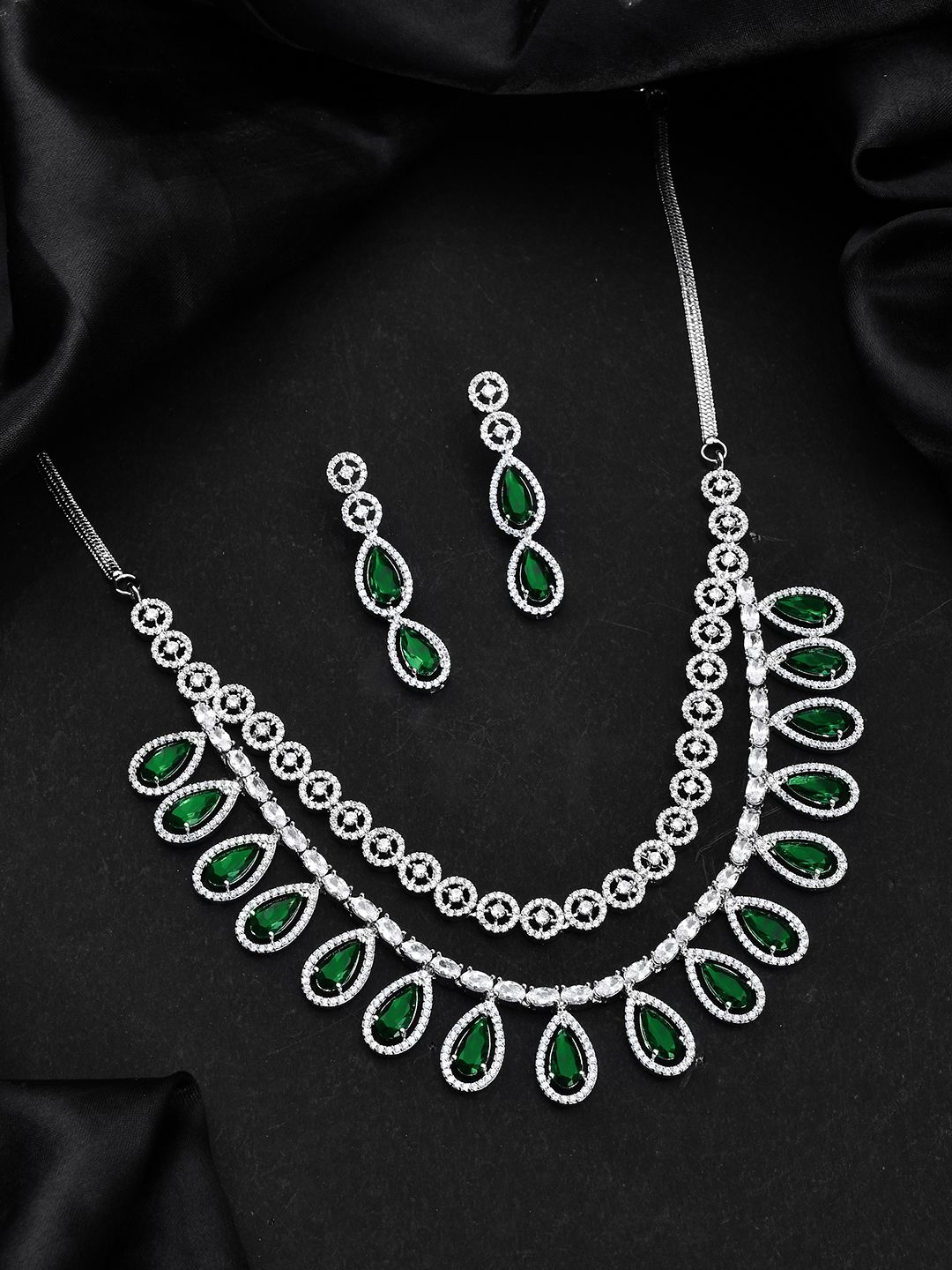 

Voylla Sparkling Essentials Emerald Cascade Layered American Diamond Necklace Set, Silver