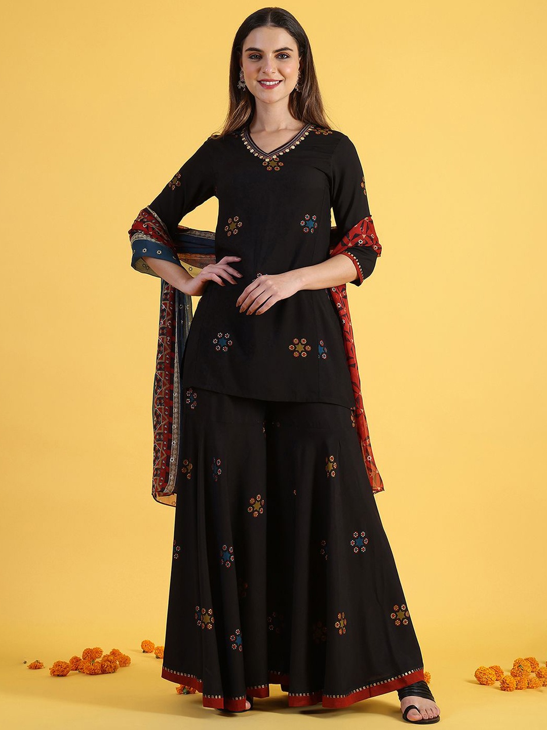 

W Black Ethnic Motifs Printed V-Neck Straight Kurta With Sharara And Dupatta