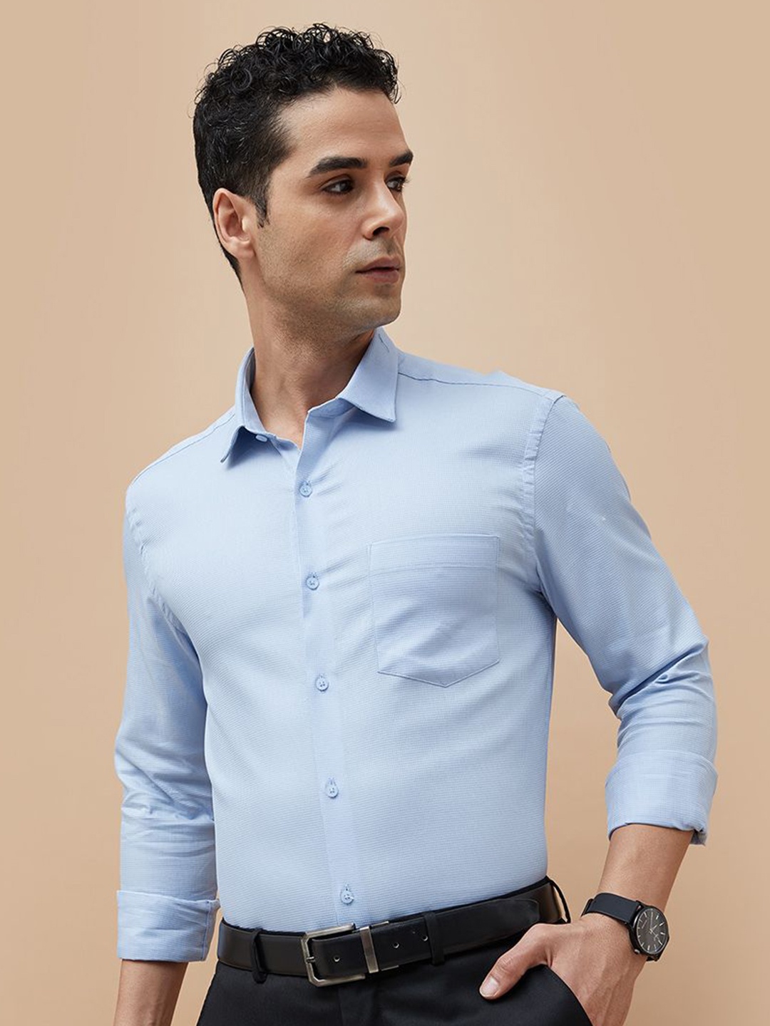 

CODE by Lifestyle Men Slim Fit Spread Collar Solid Cotton Formal Shirt, Blue
