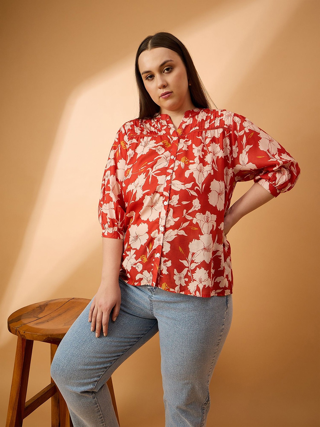 

all about you Women Plus Size Floral Print Mandarin Collar Shirt Style Top, Orange