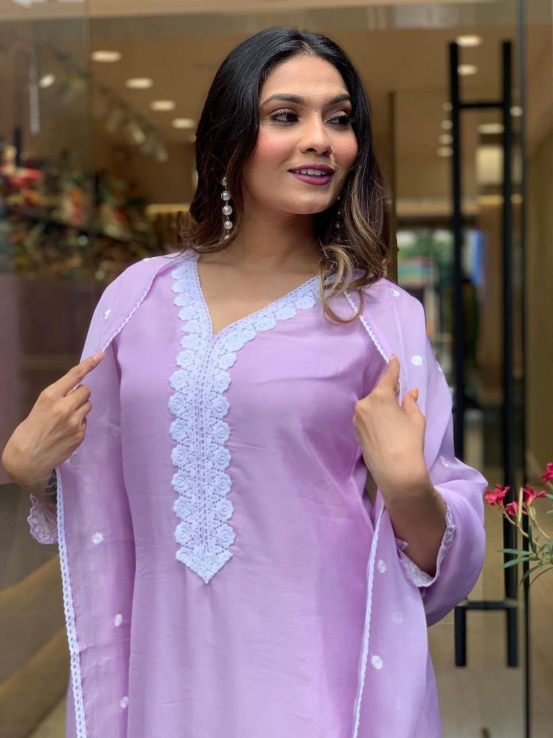 

KALINI Floral Embroidered V-Neck Kurta With Trouser And Dupatta, Lavender