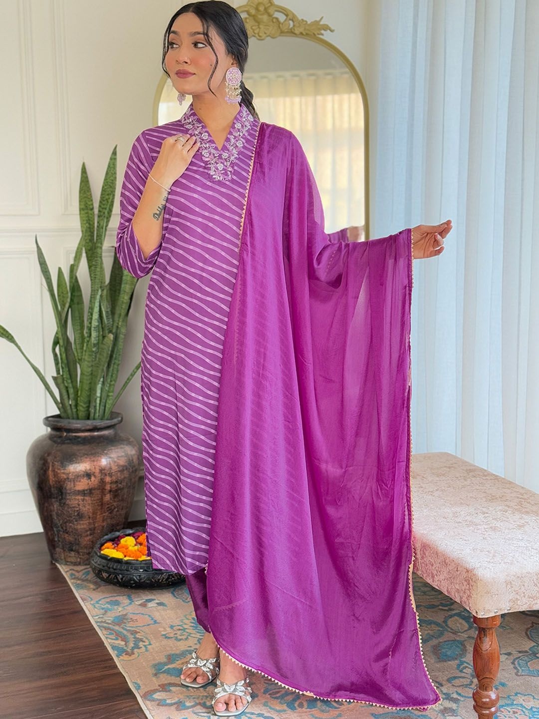 

KALINI Leheriya Printed V-Neck Thread Work Straight Kurta With Trousers & Dupatta, Purple