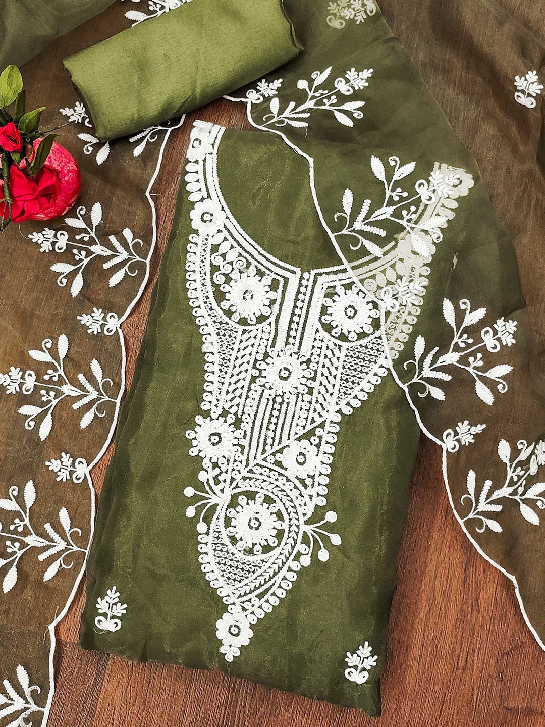 

SHADOW & SAINING Embroidered Organza Unstitched Dress Material, Olive