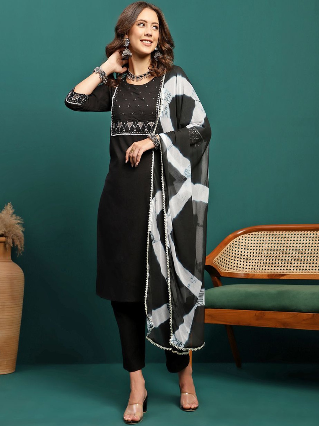 

Sangria Black Geometric Yoke Design Pure Cotton Straight Kurta With Trouser & Dupatta