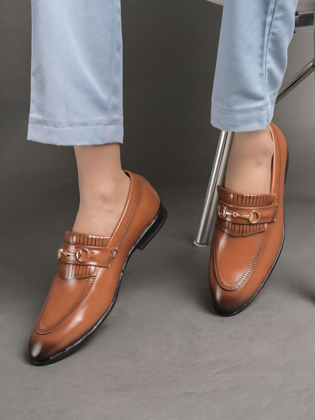 

House of Pataudi Men Textured Formal Loafers, Tan