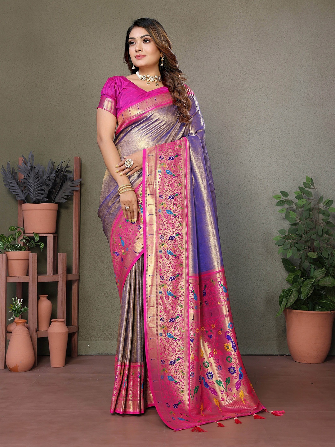 

Vintro Woven Design Zari Tissue Paithani Saree, Purple