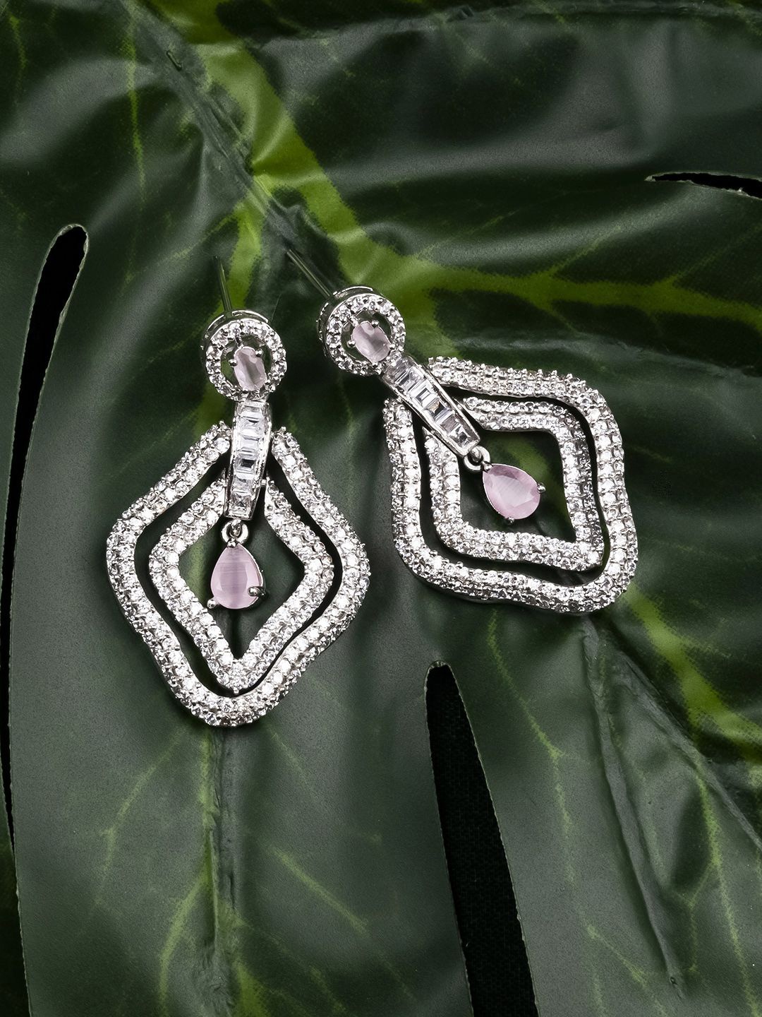 

StileAdda Elegant Silver-Plated Diamond Shaped Cubic Zirconia Studded Drop Earrings