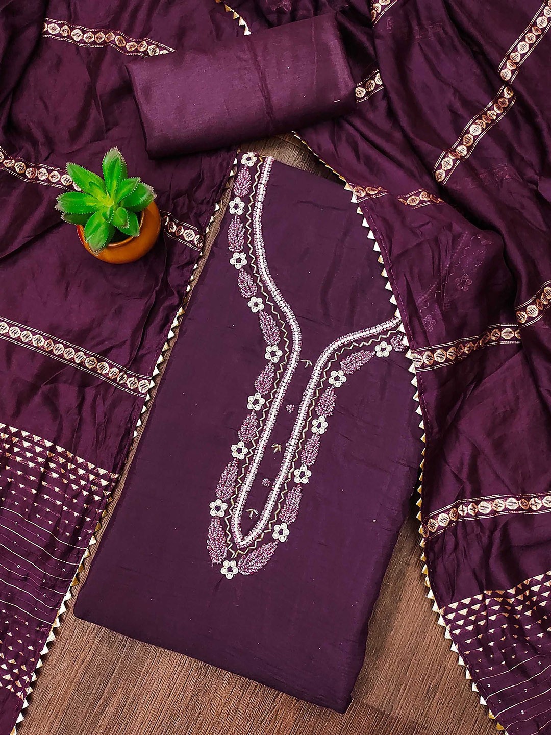 

SHADOW & SAINING Embellished Pure Cotton Unstitched Dress Material, Purple