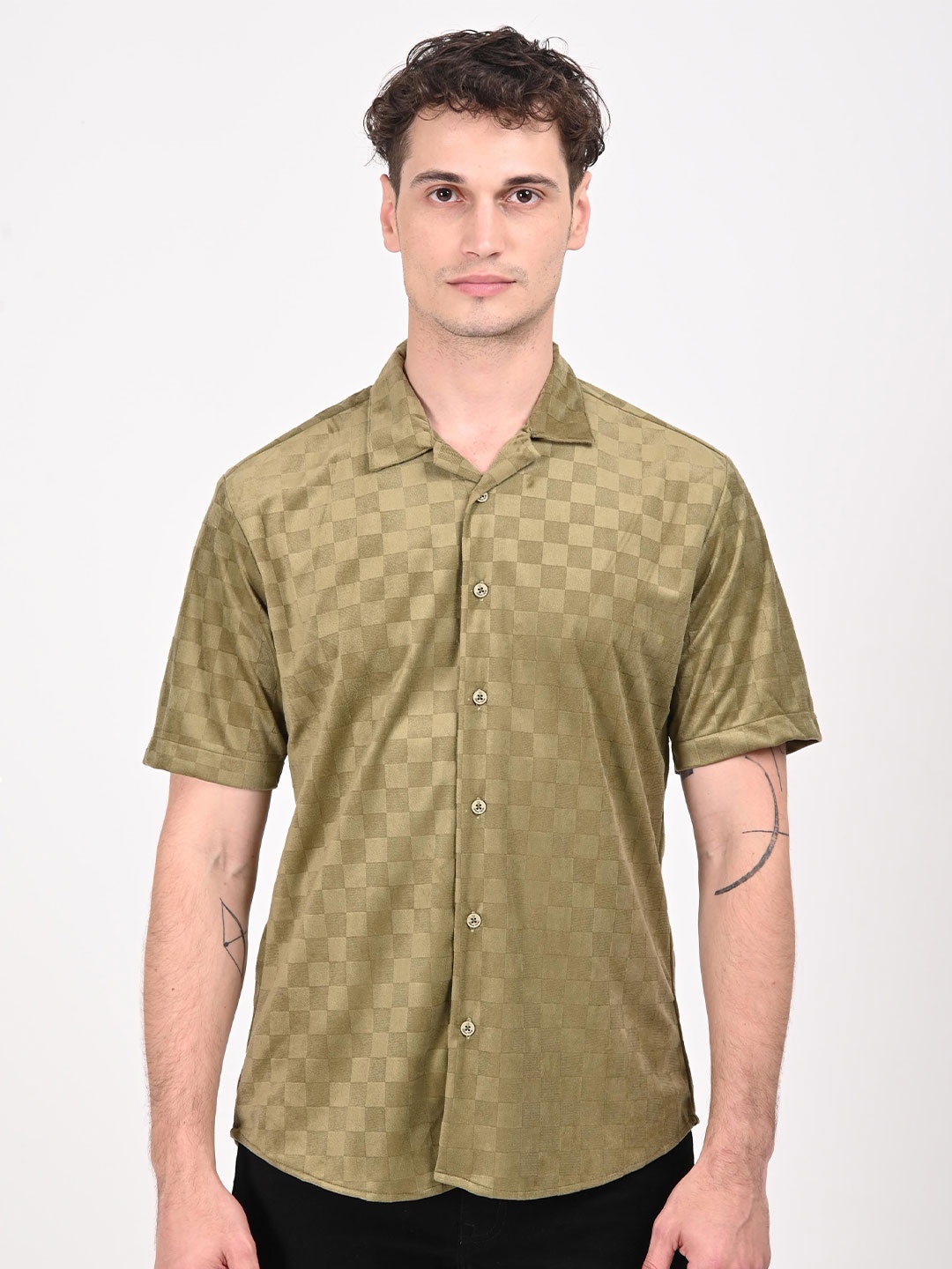

URBAN POCHE Men Cuban Collar Checked Cotton Casual Shirt, Olive