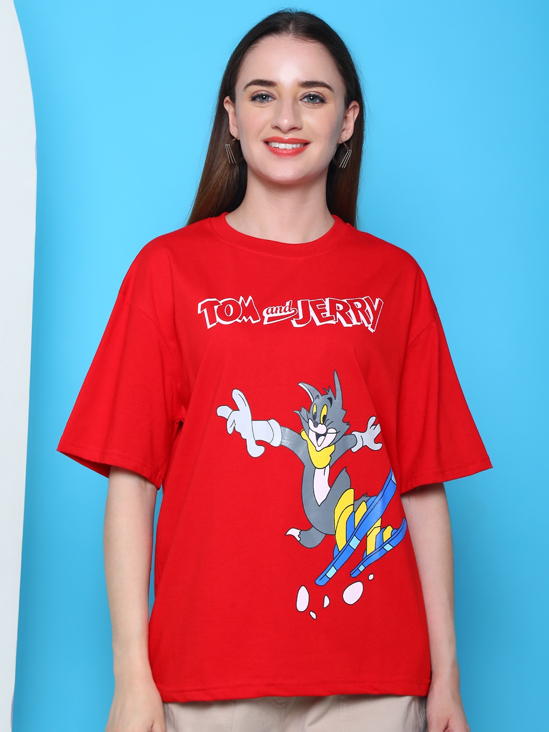 

Dreambe Women Pack Of 2 Tom & Jerry Fusion Graphic Printed Cotton Oversized T-shirts, Red