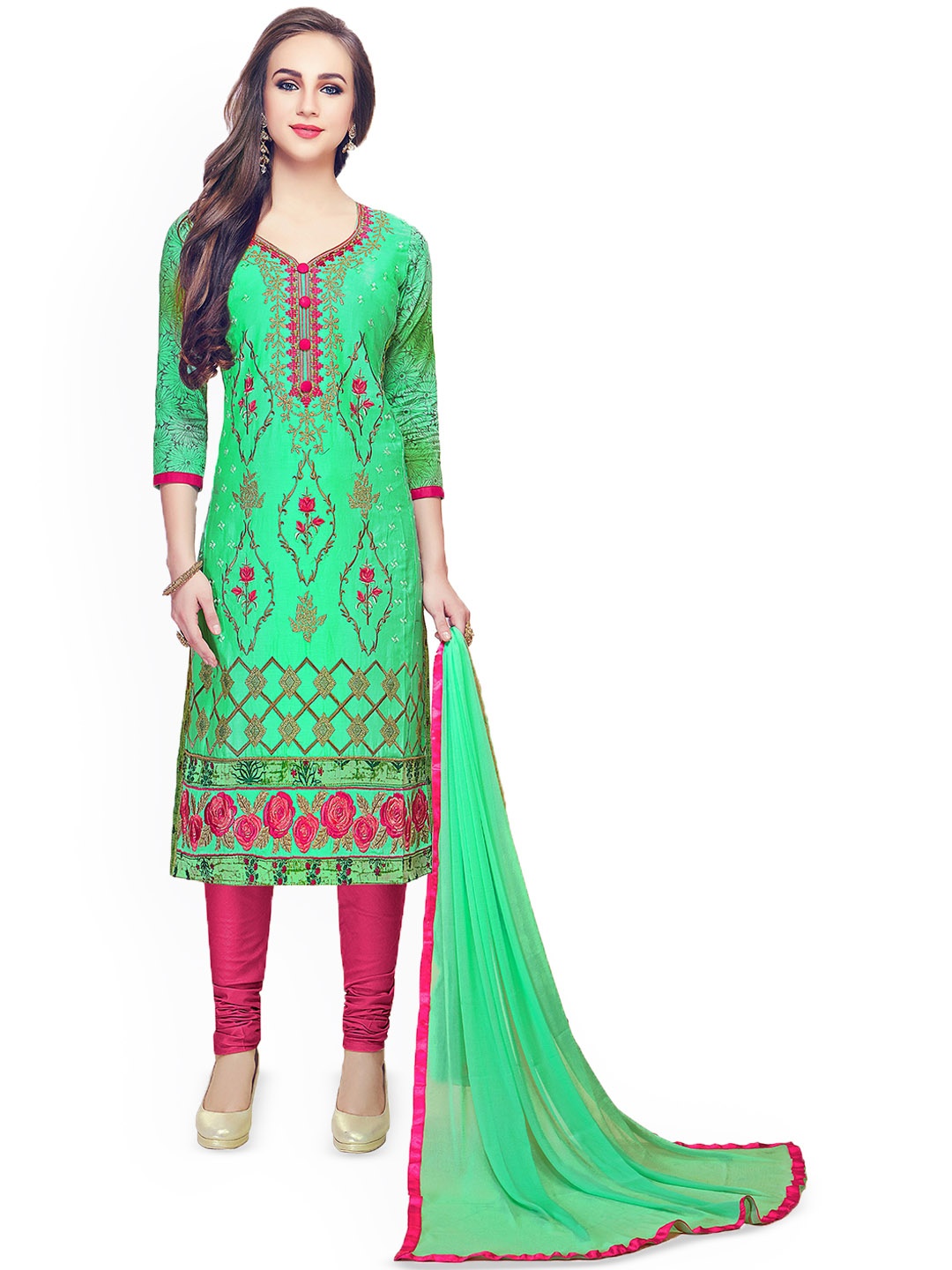

HERE&NOW Floral Embroidered Glaze Cotton Unstitched Dress Material, Green