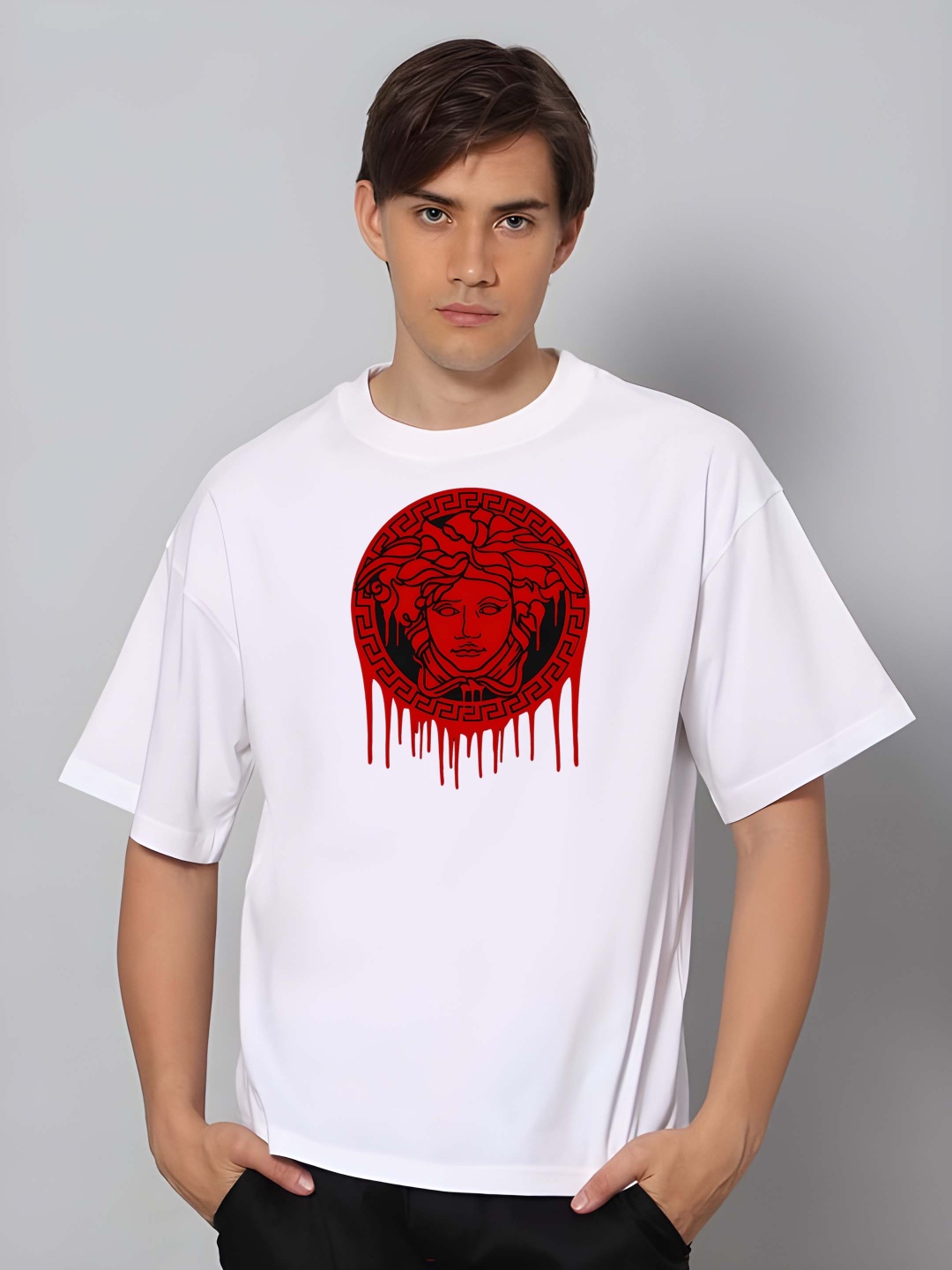 

Krimmple Men Graphic Printed Round Neck Cotton Relaxed Fit T-shirt, White