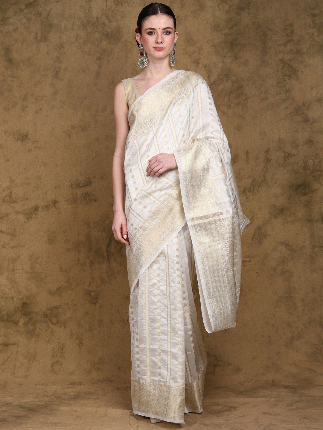 

Exotic India Art Silk Banarasi Saree with Golden Zari Woven Polka Dots and Stripes, White
