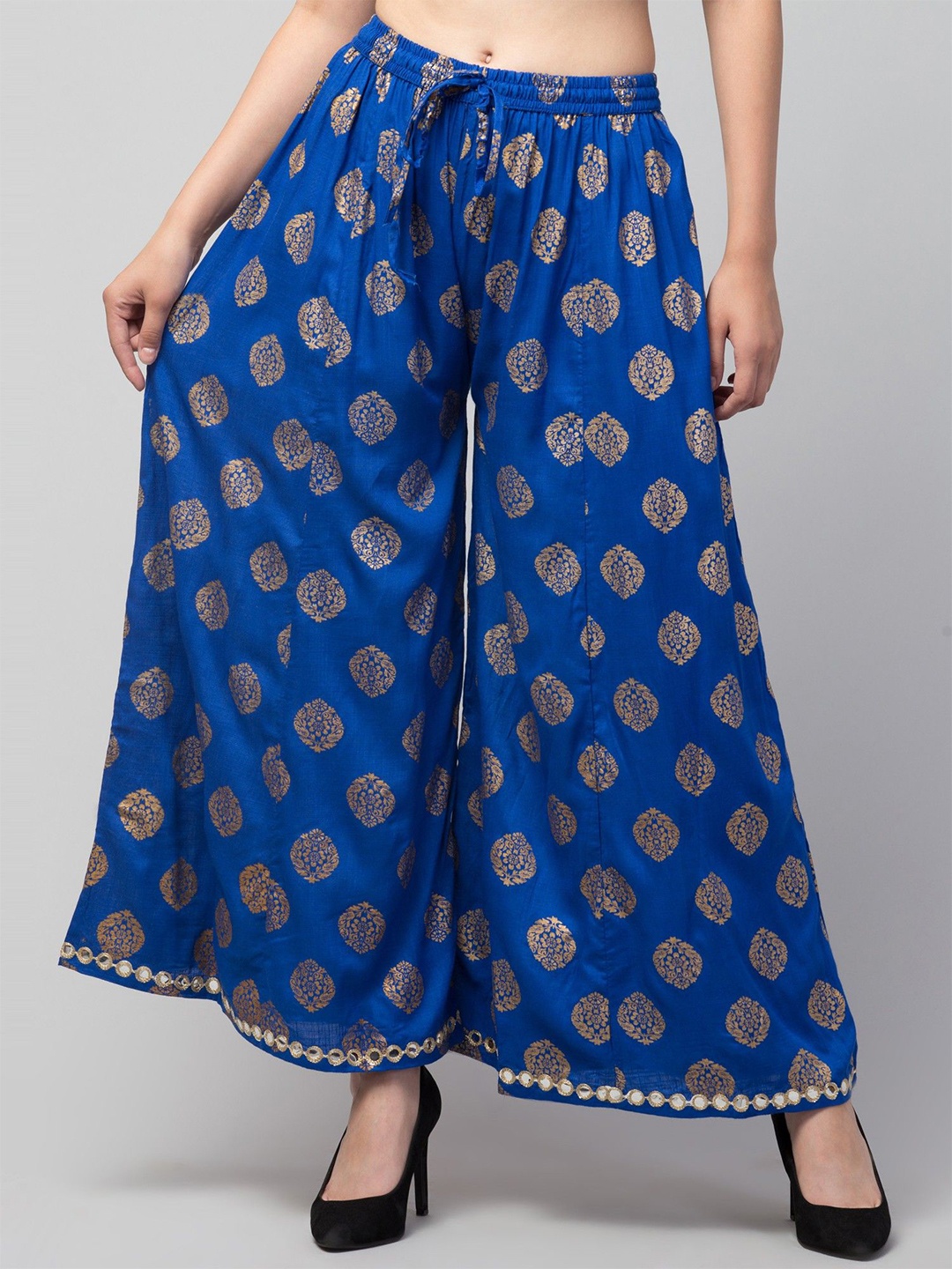 

FAMBEE Women Floral Printed Flared Knitted Palazzos, Blue