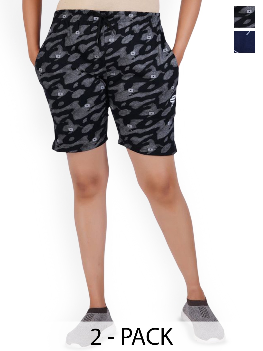 

FEEL TRACK Women Pack of 2 Printed Cotton Shorts, Black