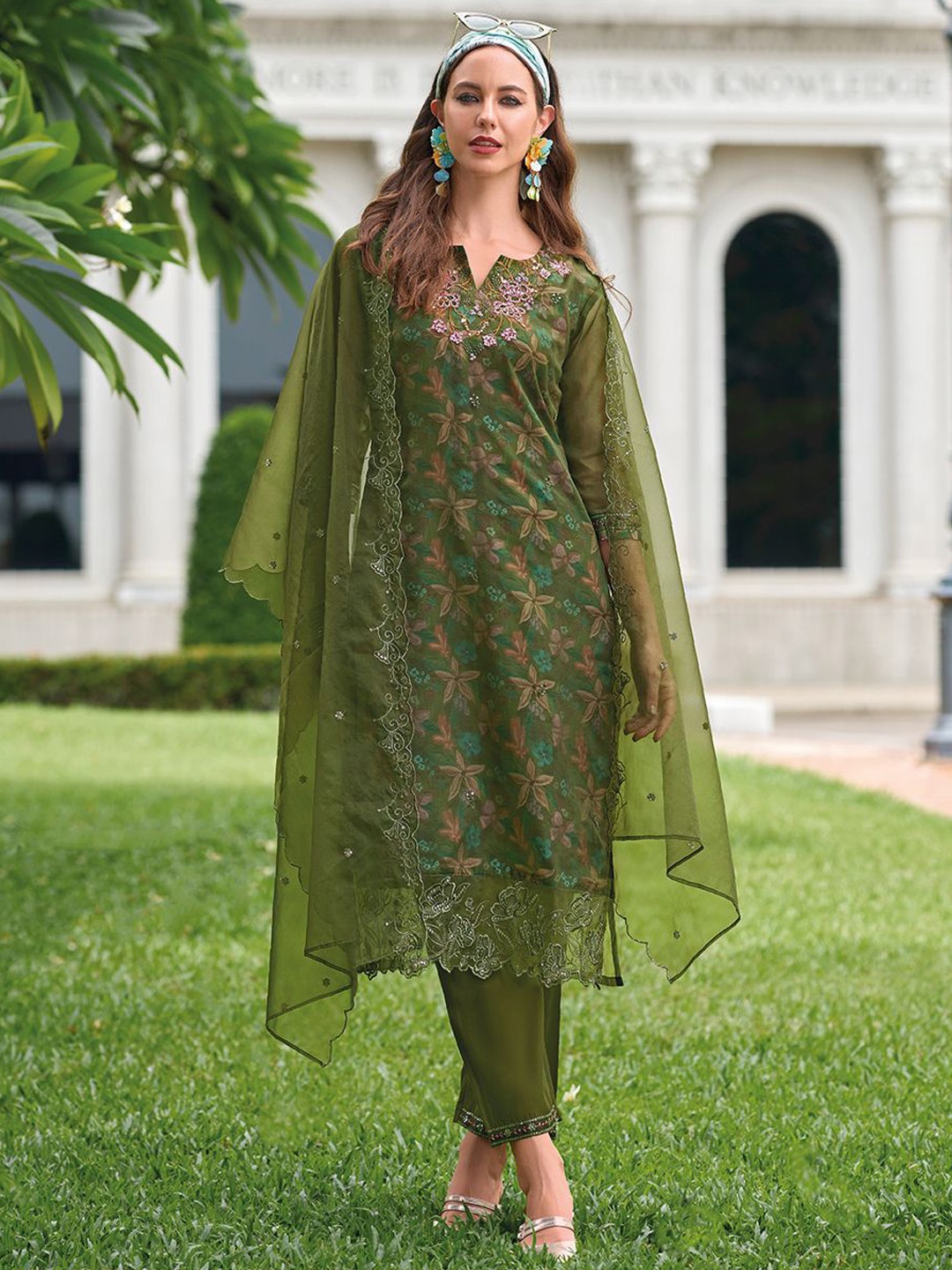 

HOUSE OF PARAL Floral Printed Regular Beads and Stones Kurta with Trousers & Dupatta, Green