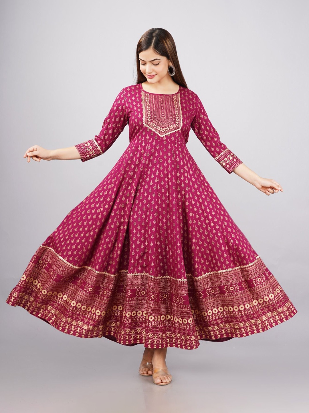 

Pristyle Woven Design Ethnic Motifs Printed Round Neck Anarkali Kurta, Purple
