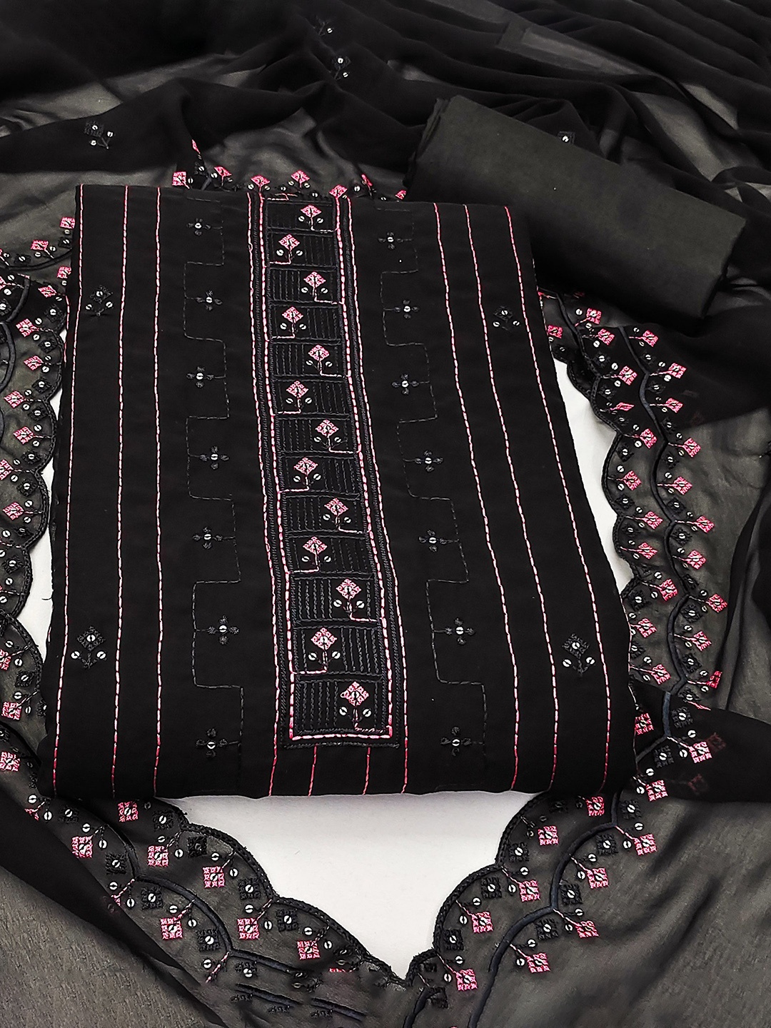

SHADOW & SAINING Embroidered Silk Georgette Unstitched Dress Material, Black