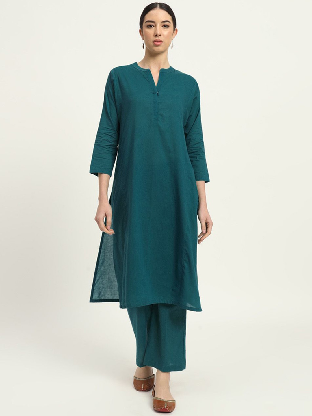 

Thevasa Everyday Bliss Mandarin Collar Pure Cotton Tunic With Trouser, Teal