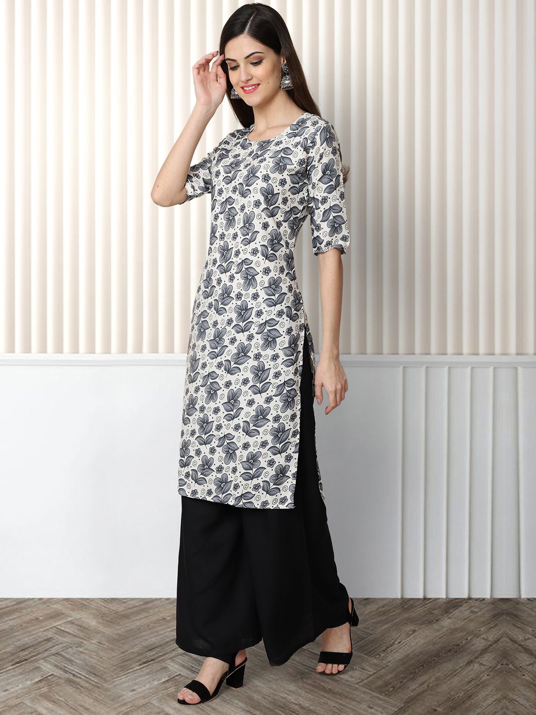 

Moda Rapido Floral Printed Round-Neck Straight Kurta, Grey