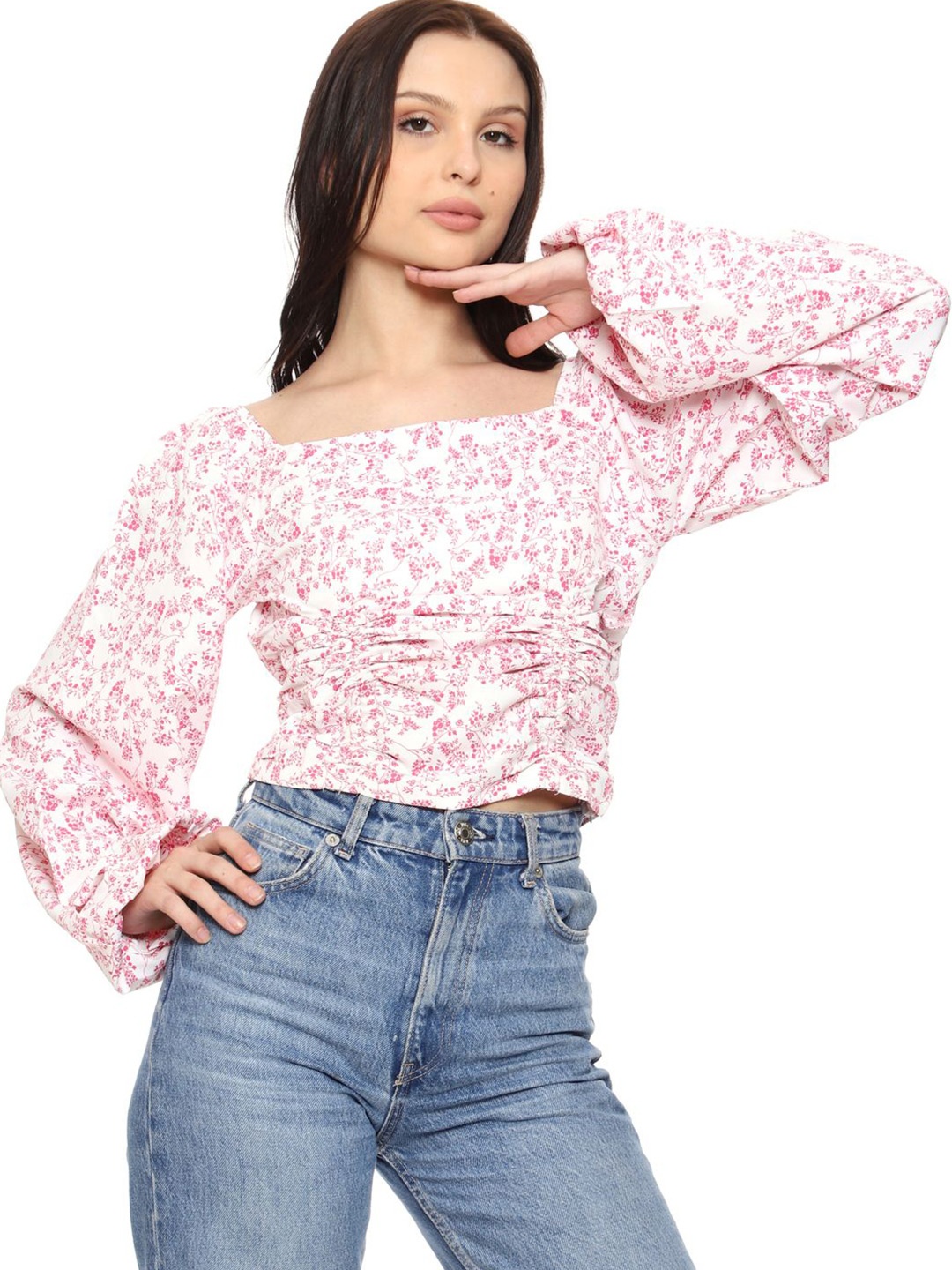 

SXV STYLE Floral Print Puff Sleeve Georgette Crop Top, White