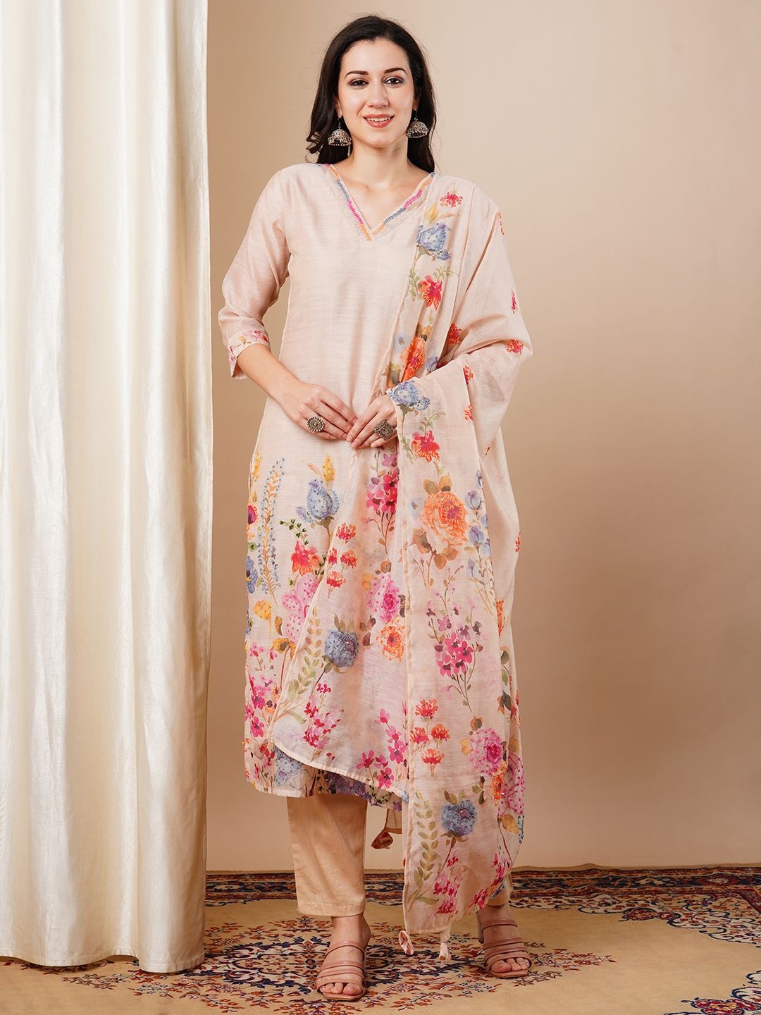 

FASHOR Floral Printed Thread Work V-Neck Straight Kurta With Trousers And Dupatta, Beige