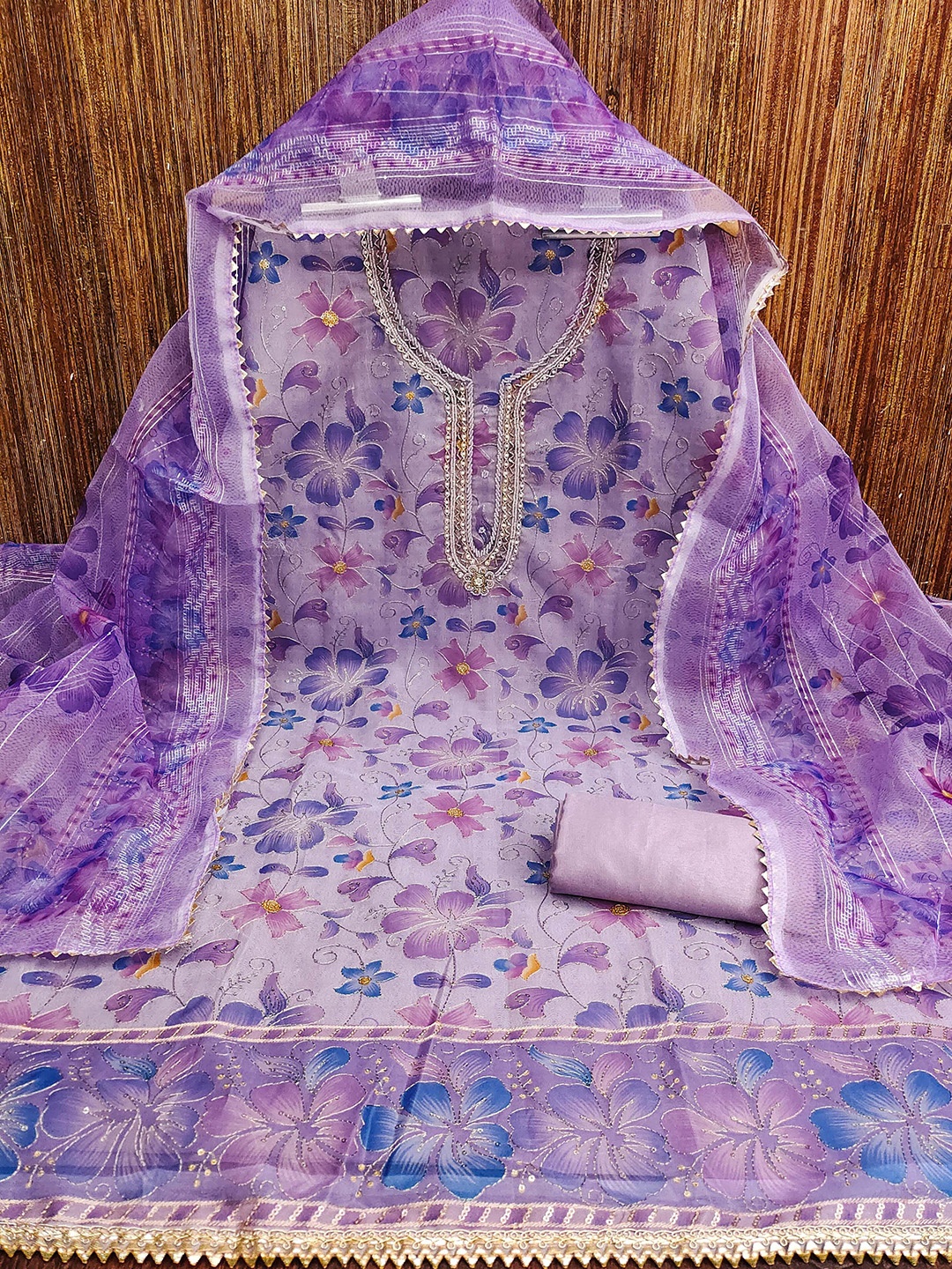 

SHADOW & SAINING Embroidered Organza Unstitched Dress Material, Purple