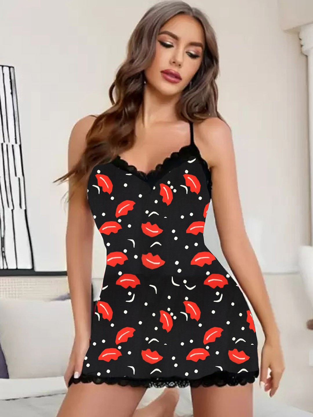 

chia fashions Women Shoulder Straps Printed Nightdress with Briefs, Black