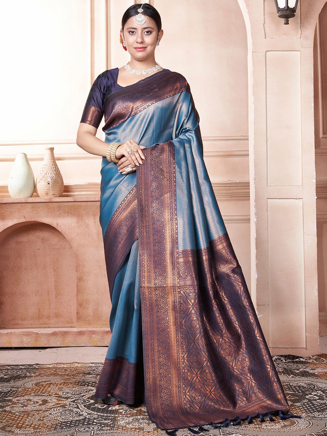 

Mitera Woven Design Zari Kanjeevaram Saree, Blue