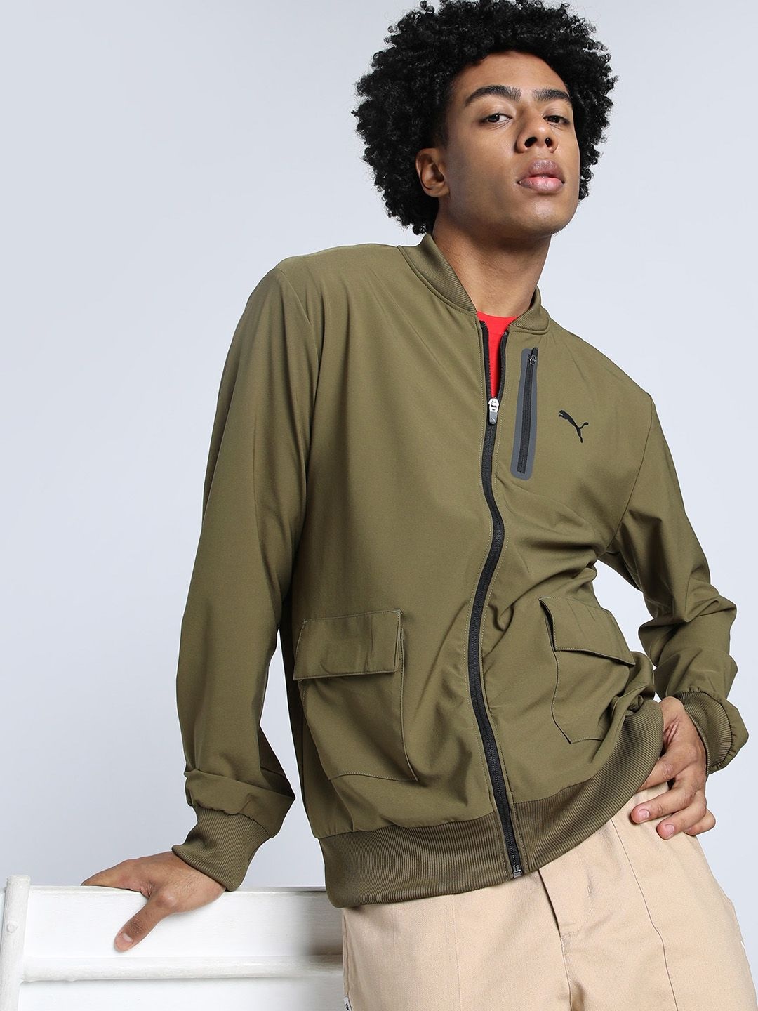 

Utility Brand Logo Printed Long Sleeve Bomber Jacket, Olive