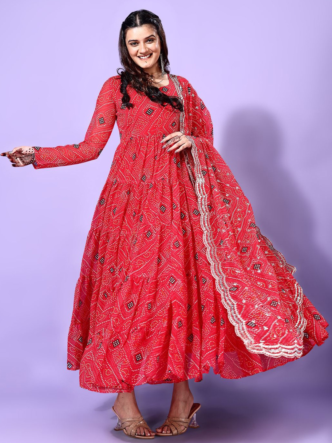 

KALINI Bandhani Printed Tiered Georgette Anarkali Kurta With Trouser & Dupatta, Red