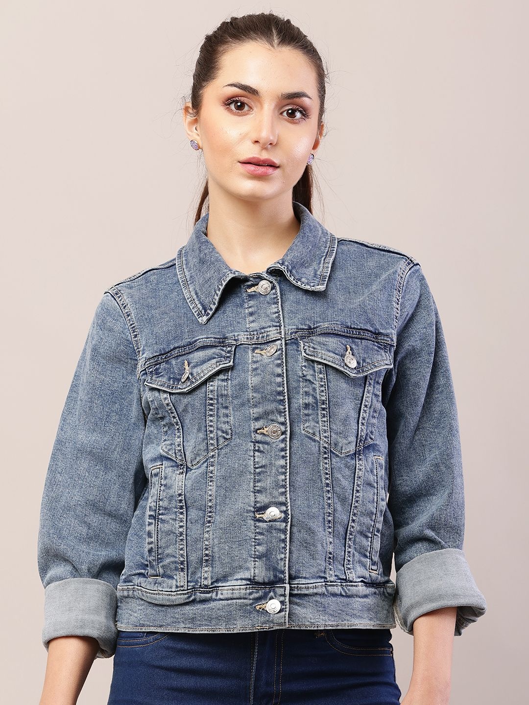 

NoBarr Women Spread Collar Washed Solid Cotton Casual Denim Jacket, Blue