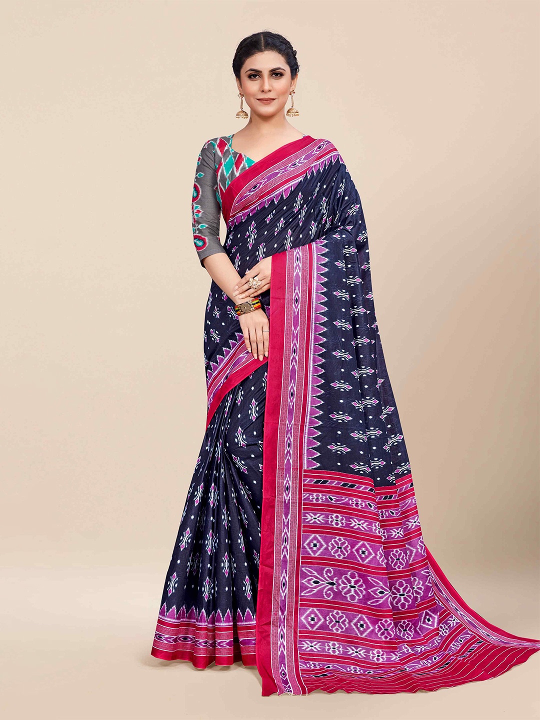 

HERE&NOW Printed Pure Cotton Ikat Saree, Navy blue