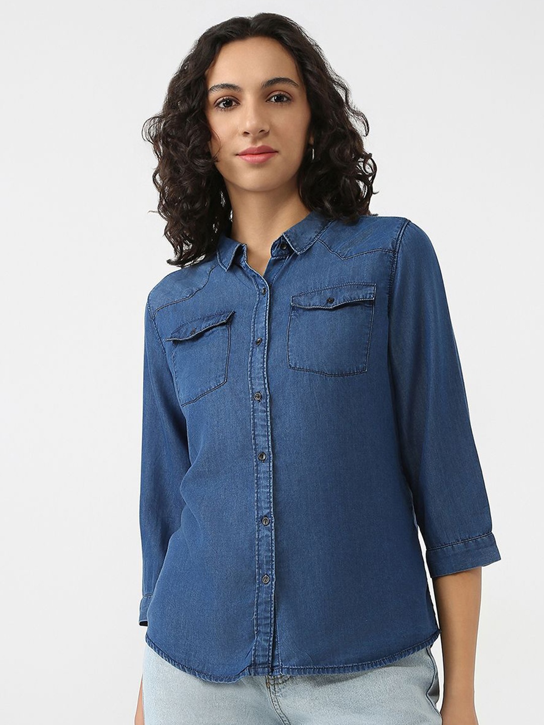 

Kraus Jeans Women Slim Fit Spread Collar Solid Casual Shirt, Navy blue