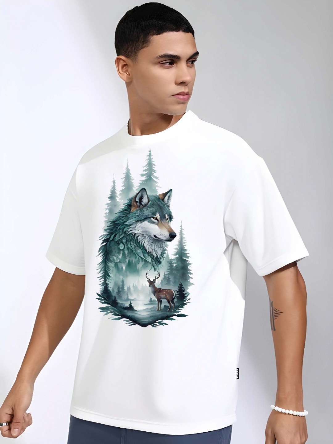 

Krimmple Men Graphic Printed Round Neck Cotton Oversized T-shirt, White