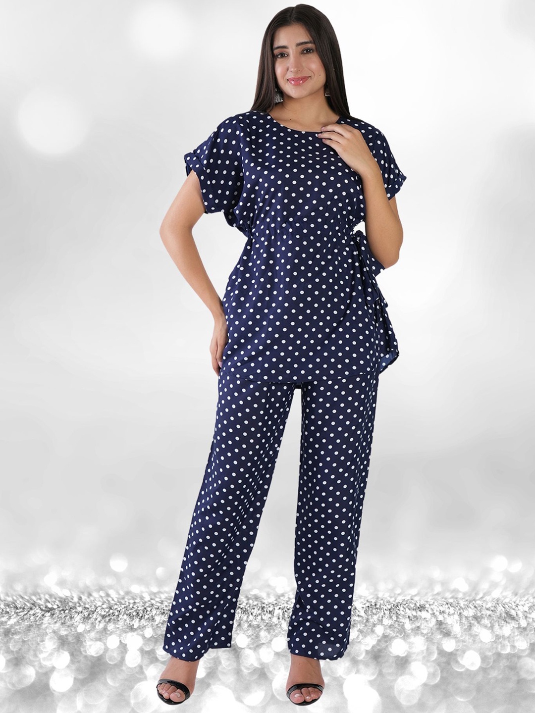 

Neysa Polk Dots Printed Round Neck Top And Trousers, Navy blue